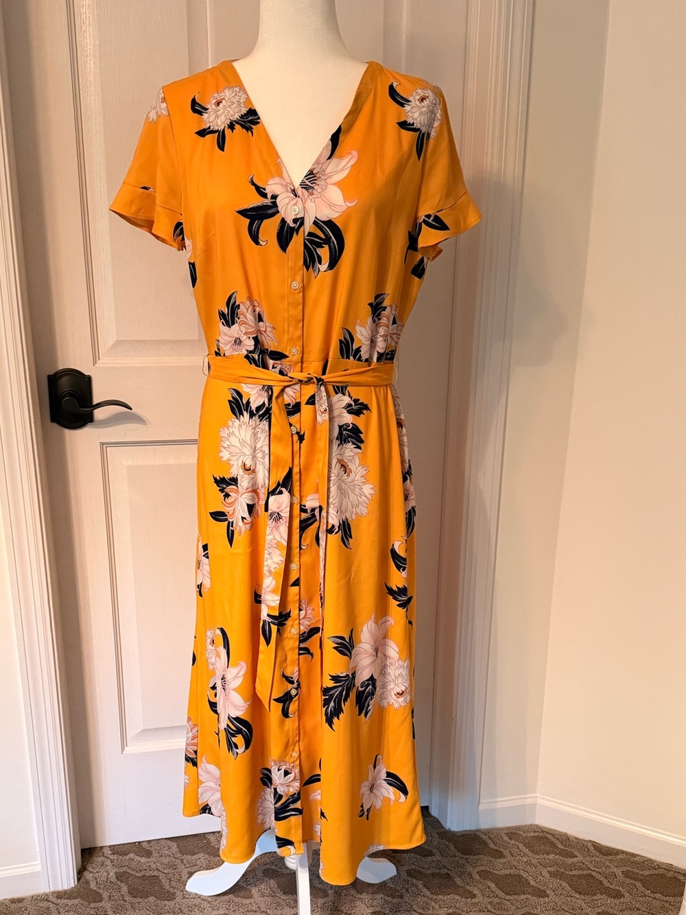 LOFT Yellow Floral V-Neck Button Front Midi Dress-Size 8